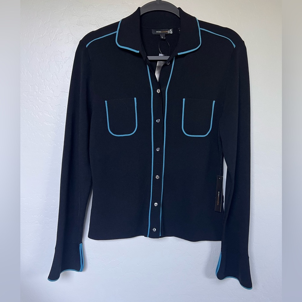 BCBGMAXAZRIA Knit Blouse Top Women L Black Teal Trim Button Front Collared